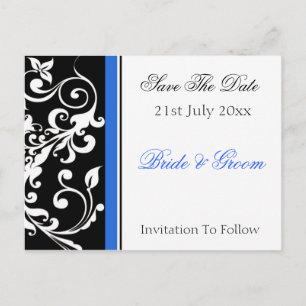 Royal Blue Black and White Swirl Floral Save The D Announcement Postcard