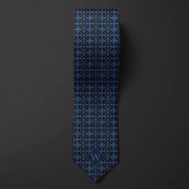 Royal Blue & Black Arabesque Monogram Tie (Creator Uploaded)