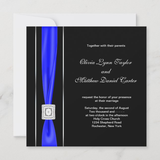Royal Blue Black Blue Bow Wedding Invitation (Front)
