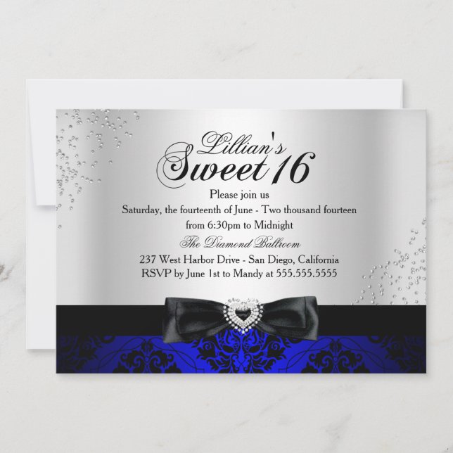 Royal Blue Black Damask Sparkle Sweet 16 Invite (Front)