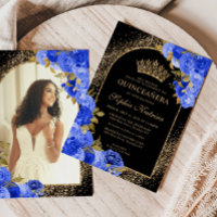 Royal Blue Black Gold Floral Photo Quinceanera