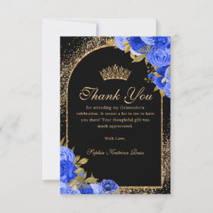 Royal Blue Black Gold Glitter Floral Quinceanera Thank You Card