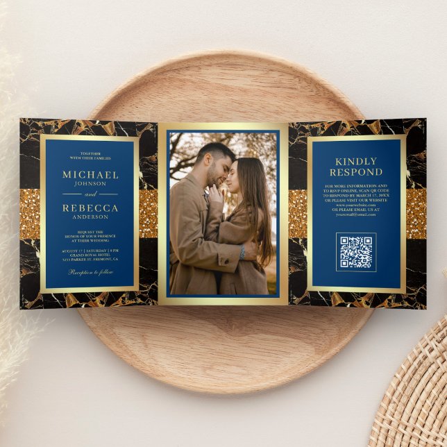 Royal Blue Black Marble Gold QR Code Wedding Tri-Fold Invitation (Creator Uploaded)