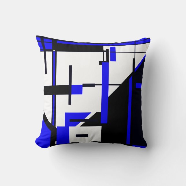 Royal Blue, Black on White Geometric Abstract Art Cushion (Front)