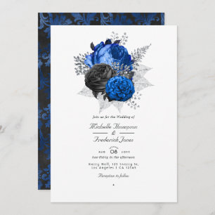 Royal Blue, Black & Silver Floral QR Code Wedding Invitation