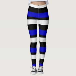 Royal Blue Black & Silver Horizontally-Striped Leggings