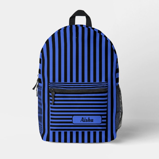Royal Blue Black Vintage Striped Name Printed Backpack (Front)