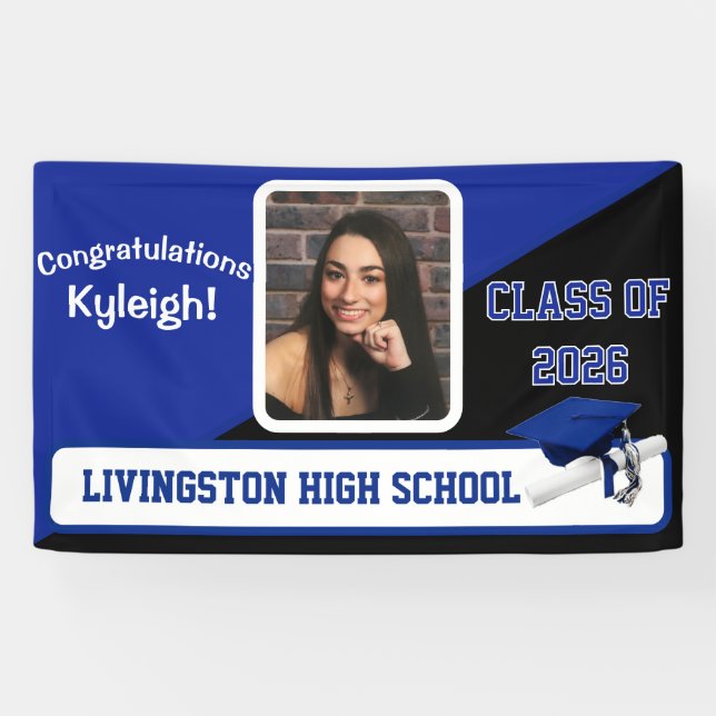 Royal Blue, Black, & White Graduation Banner (Horizontal)