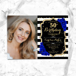 Royal Blue Black White Stripes Photo 50th Birthday Invitation<br><div class="desc">Elegant floral feminine 50th birthday invitation with your photo. Glam black white royal blue design with faux glitter gold. Features black and white stripes, sapphire blue roses, script font and confetti. Perfect for a stylish adult bday celebration party. Personalise with your own details. Can be customised for any age! Printed...</div>