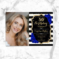 Royal Blue Black White Stripes Photo 50th Birthday