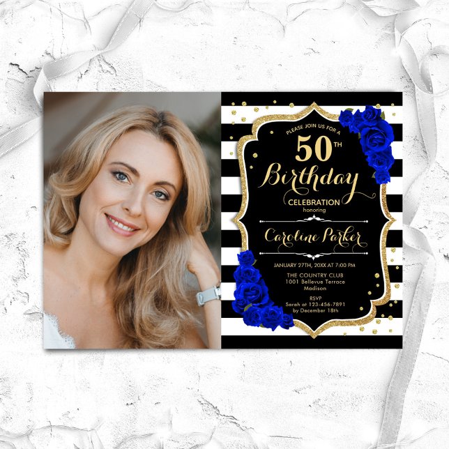 Royal Blue Black White Stripes Photo 50th Birthday Invitation (Creator Uploaded)