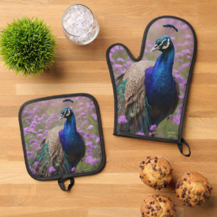 Royal Blue: Blue Peacock In Lavender Field, Oven Mitt & Pot Holder Set