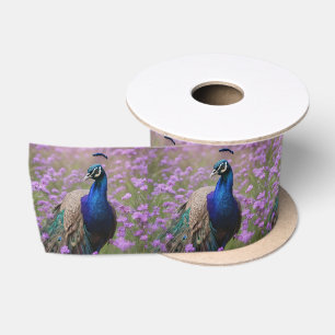 Royal Blue: Blue Peacock In Lavender Field, Satin Ribbon
