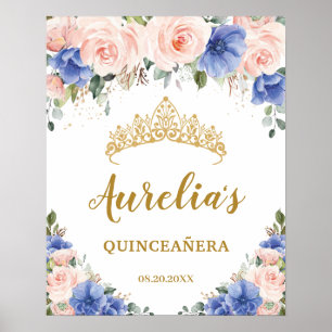 Royal Blue Blush Floral Quinceañera Tiara Welcome  Poster