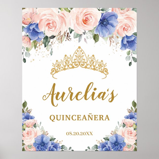 Royal Blue Blush Floral Quinceañera Tiara Welcome  Poster (Front)