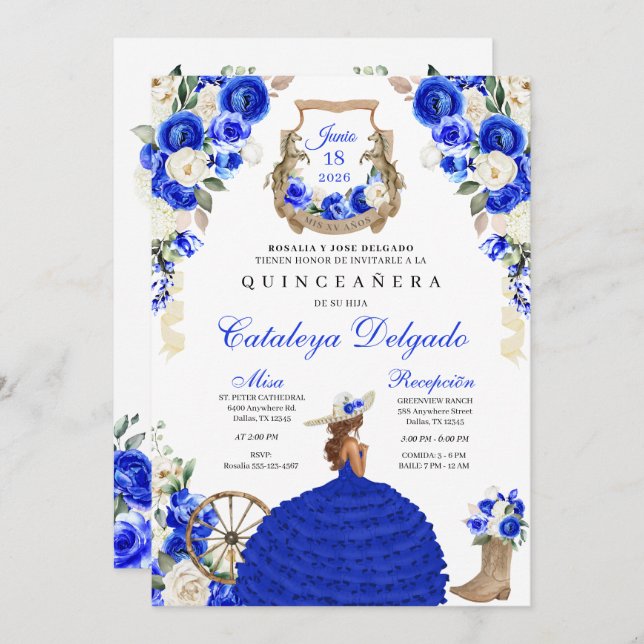 Royal Blue Boots Roses Western Charro  Quinceañera Invitation (Front/Back)
