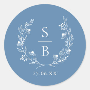 Royal Blue Botanical Monogram Wreath Wedding  Classic Round Sticker