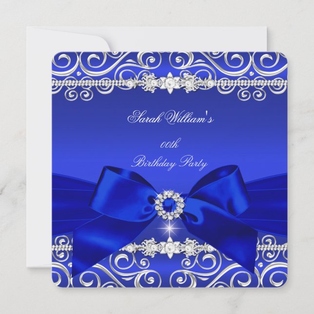 Royal Blue Bow Birthday Party Black Silver Invitation (Front)