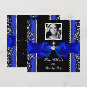 Royal Blue Bow Birthday Party Black Silver Photo 2 Invitation