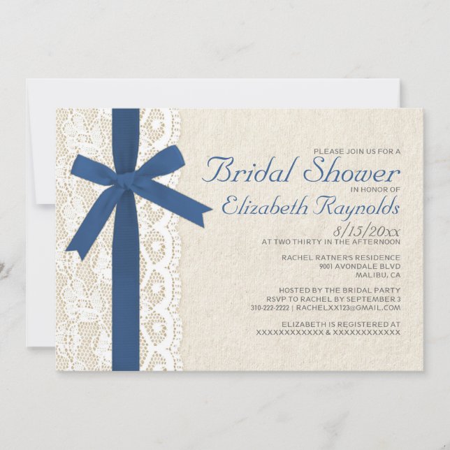 Royal Blue Bow & Lace Bridal Shower Invitations (Front)