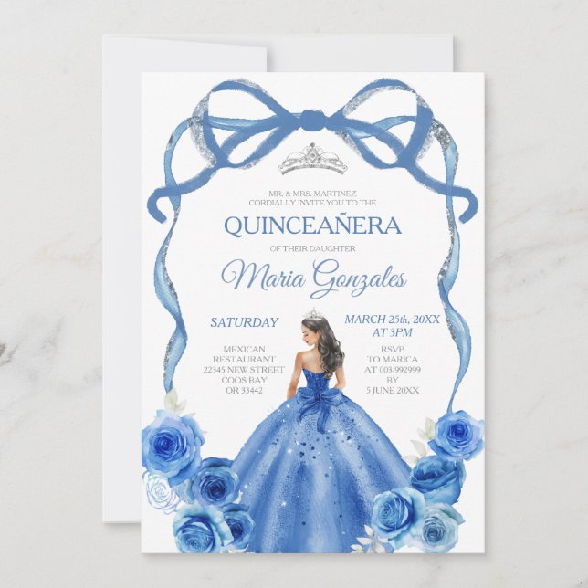 Royal Blue Bow Princess Silver Crown Quinceañera Invitation (Front)