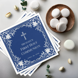 Royal Blue Boy First Communion Vintage Faux Silver Napkin