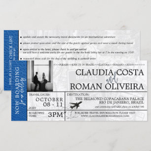 Royal Blue Brazil Wedding Boarding Pass Invitation