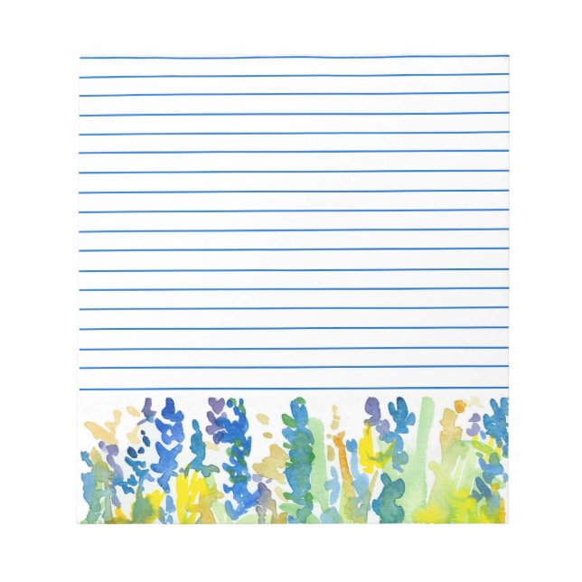 Royal Blue Bright Yellow Watercolor Flowers Lined Notepad (Front)