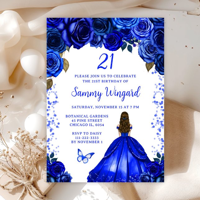 Royal Blue Brown Hair Princess Birthday Party Invitation (Creator Uploaded)