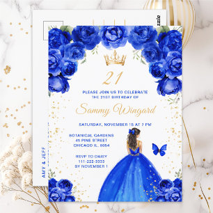 Royal Blue Brunette Hair Princess Birthday Party Postcard
