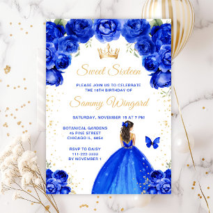 Royal Blue Brunette Hair Princess Sweet Sixteen Invitation