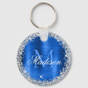 Royal Blue Brushed Metal Silver Glitter Monogram Key Ring