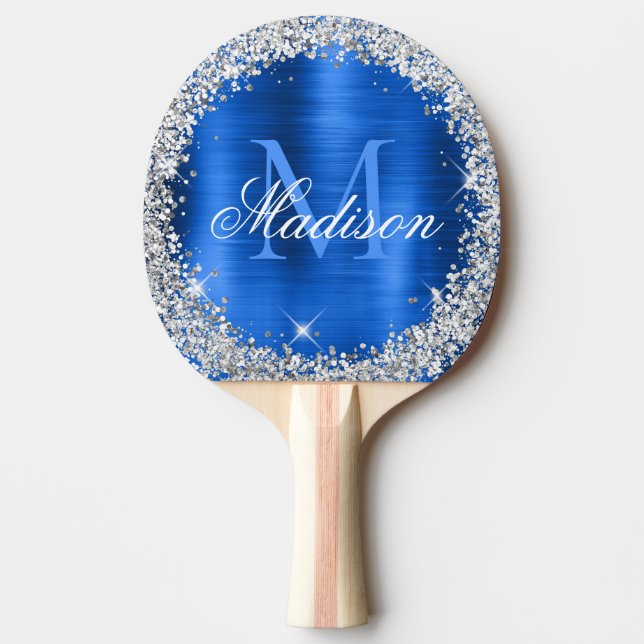 Royal Blue Brushed Metal Silver Glitter Monogram Ping Pong Paddle (Front)
