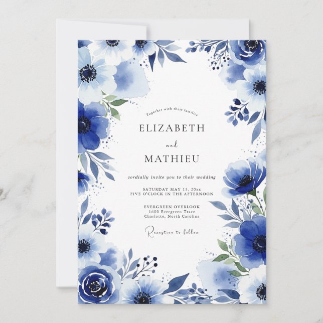 Royal Blue Brushstroke Blossom Wedding Invitation (Front)