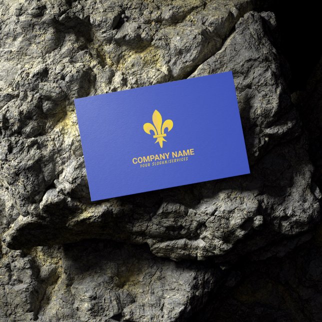 Royal Blue Business Card with Gold Fleur de Lis (Gold Fleur de Lis on Royal Blue Business Card lying on a rock)