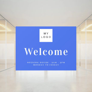 Royal blue business logo welcome opening hours