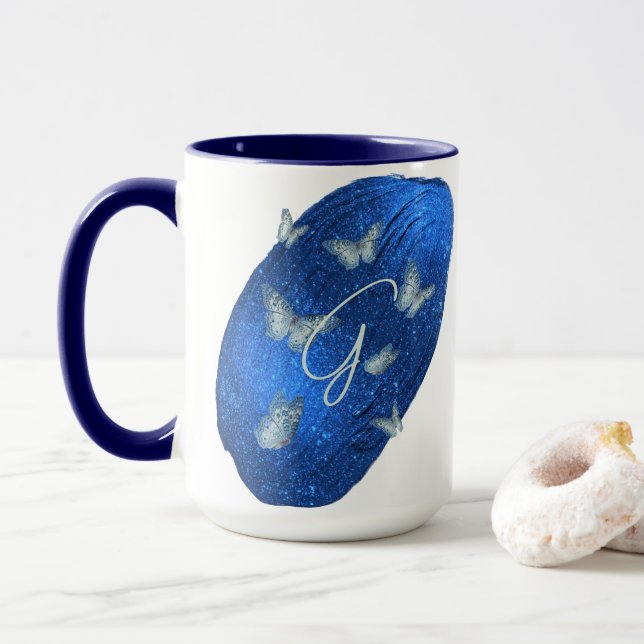 Royal Blue Butterflies Initials Letter G Monogram  Mug (With Donut)