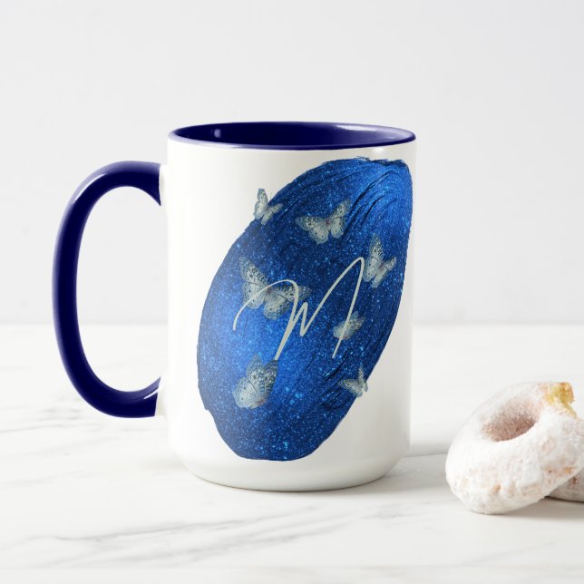 Royal Blue Butterflies Initials Letter M Monogram  Mug (With Donut)