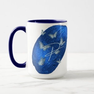 Royal Blue Butterflies Initials Letter P Monogram Mug