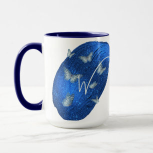 Royal Blue Butterflies Initials Letter W Monogram Mug