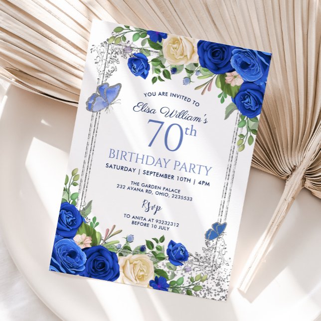 Royal Blue Butterfly Garden Party 80th Birthday Invitation (Creator Uploaded)