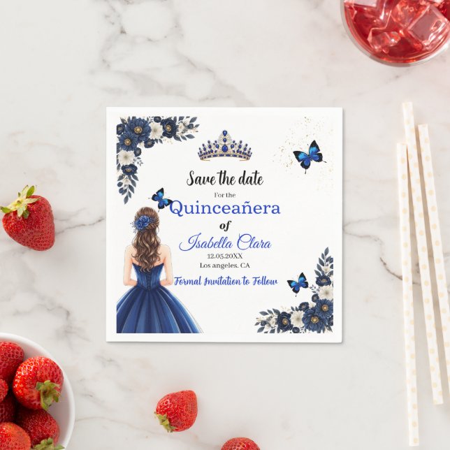 Royal Blue Butterfly Quinceañera Save the Date Napkin (Insitu)