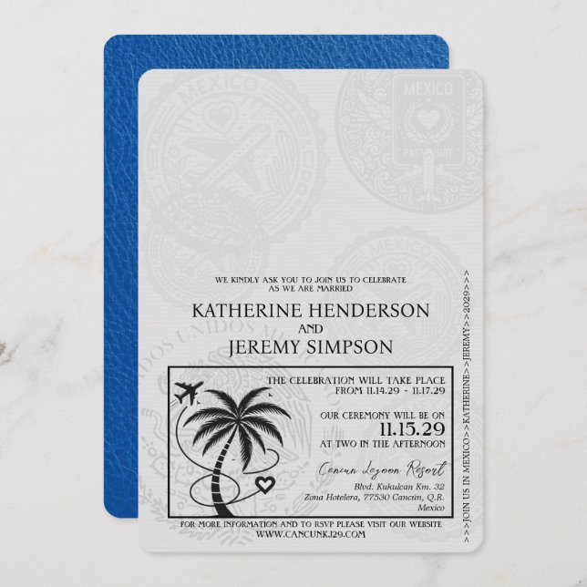 Royal Blue Cancun Passport Wedding Invitation (Front/Back)