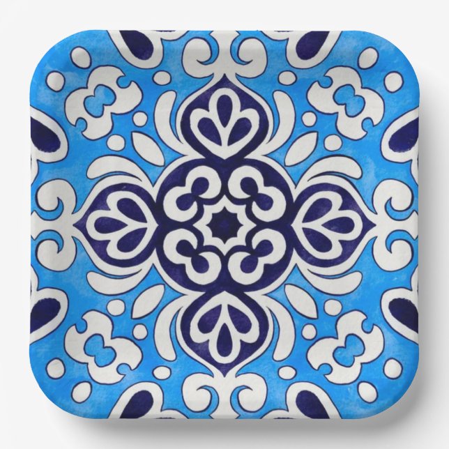 Royal Blue Ceramic Classic Geometric Mosaic  Paper Plate (Front)
