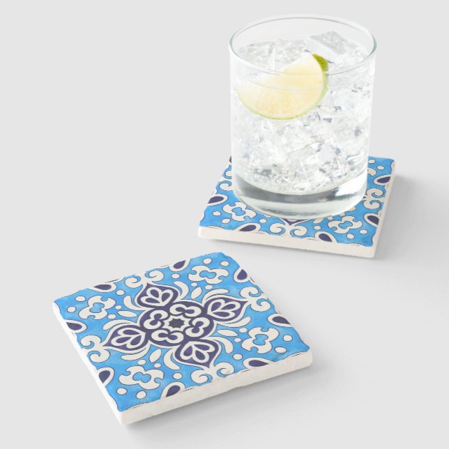 Royal Blue Ceramic Classic Geometric Mosaic  Stone Coaster (Side)
