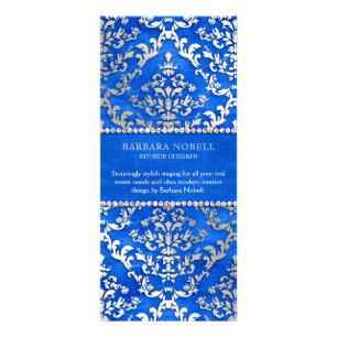 Royal Blue Cerulean Glimmer Damask Silver Rack Card