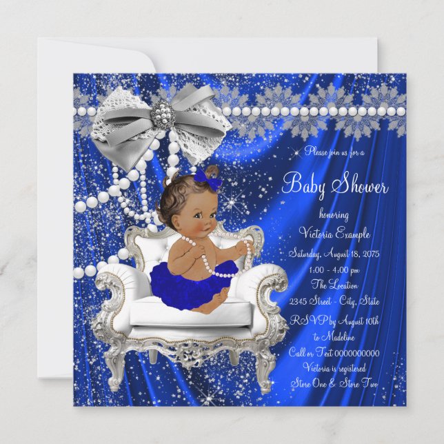 Royal Blue Chair Pearls Ethnic Girl Baby Shower Invitation (Front)