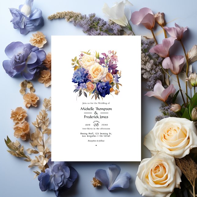 Royal Blue, Champagne, Cream Rose & Mauve Wedding Invitation (Creator Uploaded)