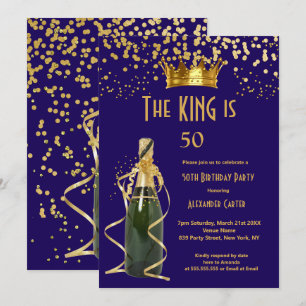 Royal blue Champagne men’s king birthday Party Invitation