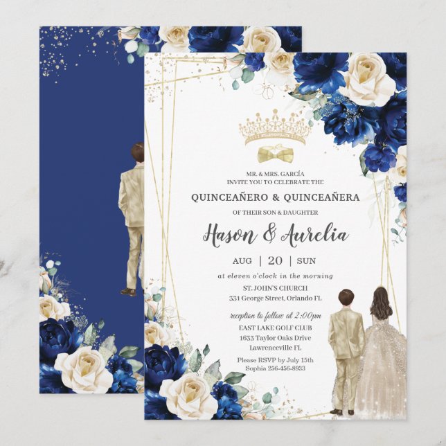 Royal Blue Champagne Twins Boy Girl Quinceañera Invitation (Front/Back)